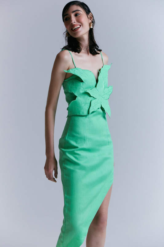 Vestido Linho Flor 3D Bordado Verde