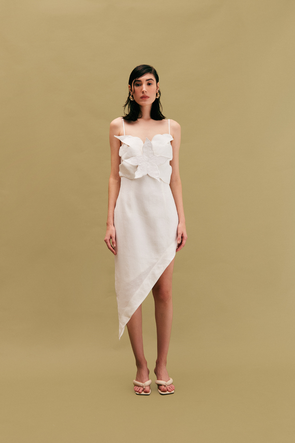 Vestido Linho Flor 3D Bordado Offwhite